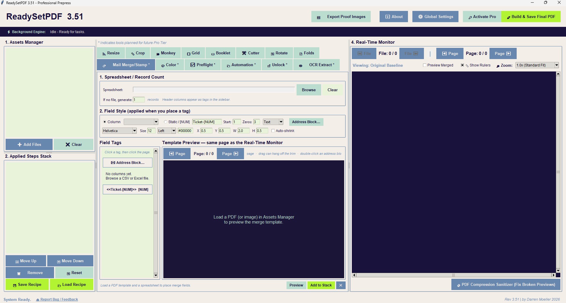 ReadySetPDF Windows interface showing stacked prepress tools, live page preview with crop marks, and the variable data layout editor